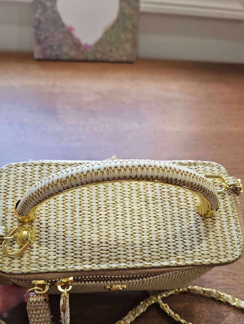 Woven Straw Top-Handle Shoulder Bag in Cream and Tan - Picture 3 of 17